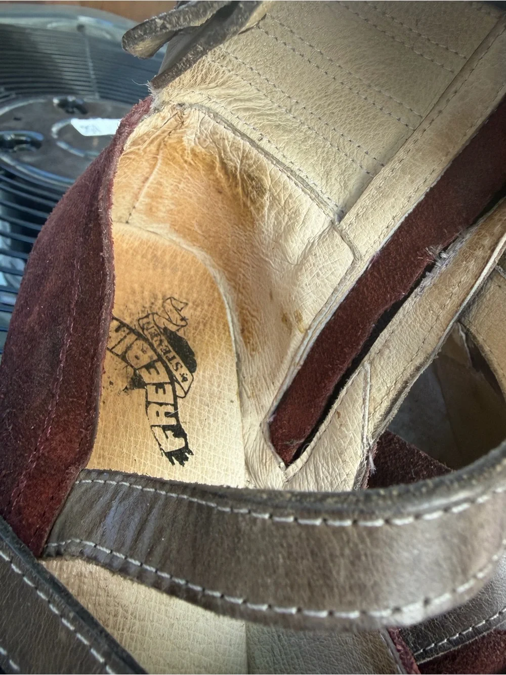 freebird Burgundy Suede Strappy Ankle Booties with Distressed Heel